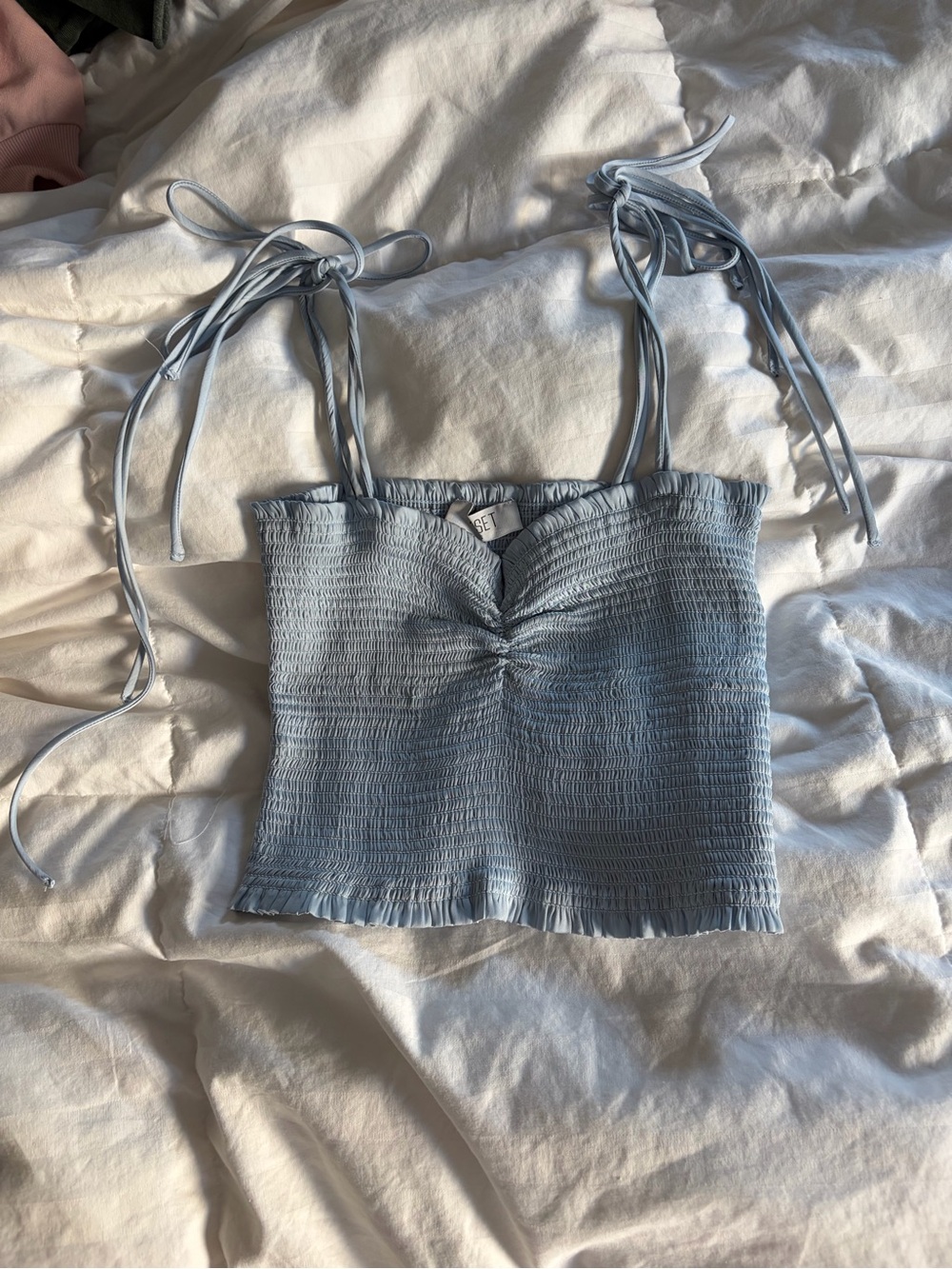 The Reset Light Blue Smocked Tie-Shoulder Crop Top